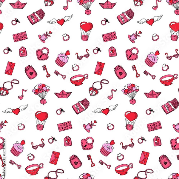Fototapeta Valentine's day seamless pattern with pink elements in doodle style. Cute hand drawn texture for greeting cards, fabric, wrapping paper. Vector illustration