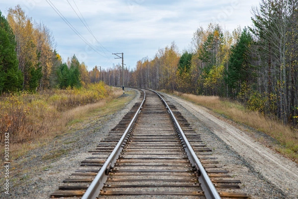 Fototapeta Single track railway in the autumn forest.