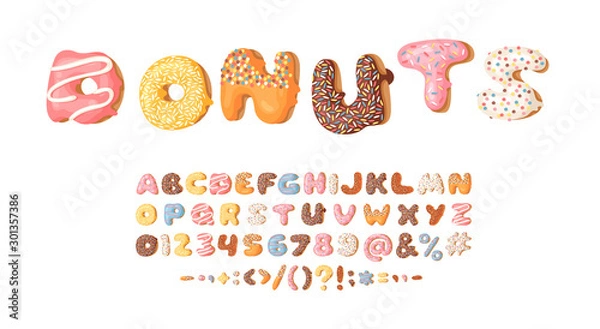 Fototapeta Cartoon vector illustration donut. Hand drawn font with sweet bun. Actual Creative art bake alphabet