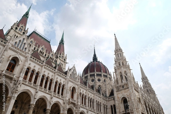 Obraz View of historical building of Hungarian Parliament in Budapest, Hungary, Europe on background of bright blue cloudy sky
