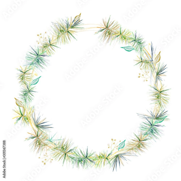 Fototapeta hand-drawn watercolor wreath of spruce branches of green conifer on a white isolated background for use in the design of invitations, greetings, postcard