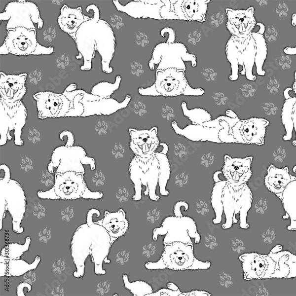Fototapeta seamless pattern with cute cartoon drawing dogs husky, alaskan malamute, akita, samoyed, furry funny adorable pets, on gray background, editable vector illustration for fabric, textile, decoration