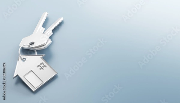 Fototapeta Mortgage, investment, real estate and property concept - close up of house keys. 3d rendering