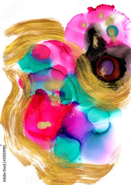 Fototapeta Alcohol ink.  Background. White Marble Texture. Sophisticated Illustration. Gold Watercolor Paint. Colorful Faded Flow. Abstract Ethereal Fluid. Golden Liquid Texture.