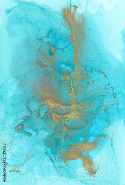 Fototapeta Alcohol ink.  Background. White Marble Texture. Sophisticated Illustration. Gold Watercolor Paint. Colorful Faded Flow. Abstract Ethereal Fluid. Golden Liquid Texture.