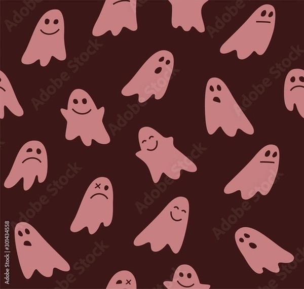 Fototapeta Ghosts, seamless pattern, brown, vector. Colored, flat background. Vector picture. Pink images on a brown field.  