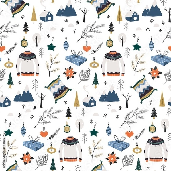 Fototapeta Christmas seamless pattern in scandinavian style. Folk collection. Christmas texture with floral elements.
