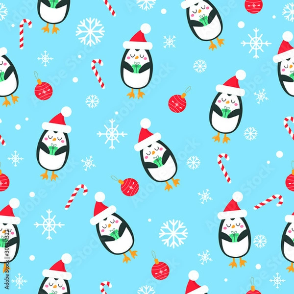 Fototapeta Vector graphics. Cute, adorable pattern with penguins, snowflakes. Funny character. Flat cartoon illustration. 