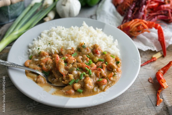 Obraz Crawfish etouffee with rice. Close up view. 