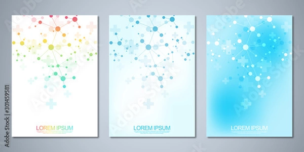 Fototapeta Vector template brochures or cover design, book, flyer, with molecules background and neural network. Abstract geometric background of connected lines and dots. Science and technology concept.
