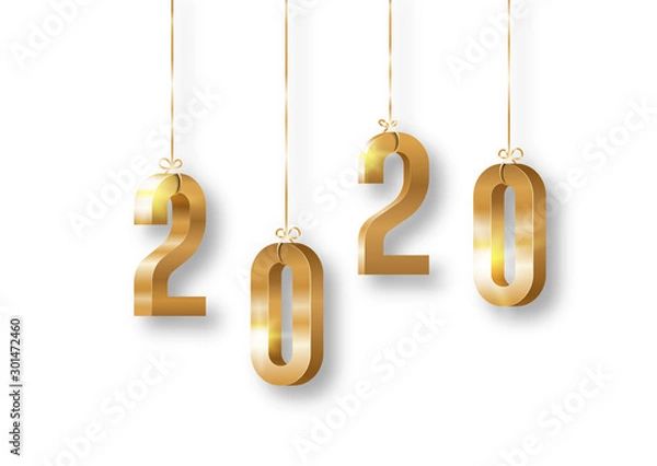 Fototapeta 2020 new year golden shiny luxury 3d isometric numbers hanging by string with shadows on white background 