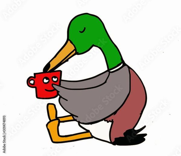 Obraz a duck drinking coffee