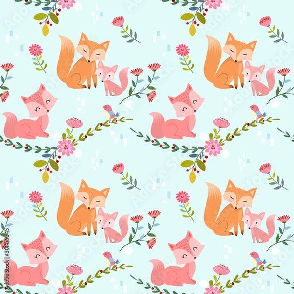 Fototapeta Seamless pattern with cute foxes and flowers vector design