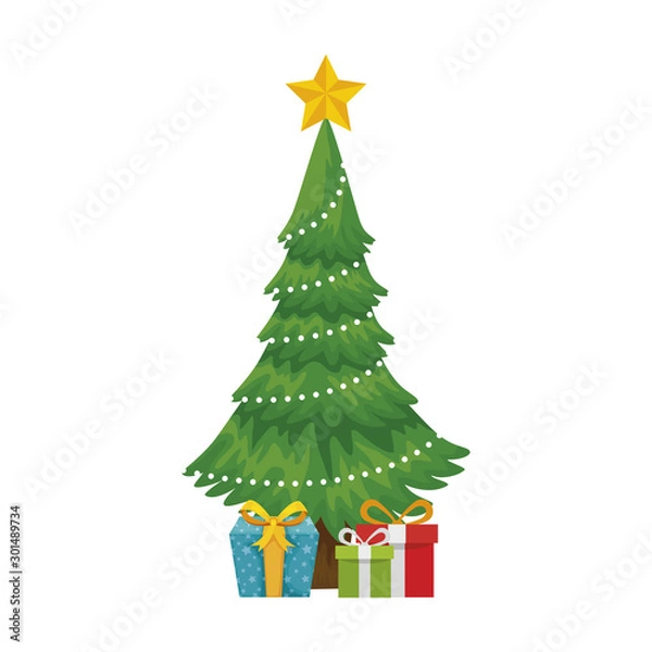 Fototapeta pine tree christmas with gift boxes isolated icon vector illustration design
