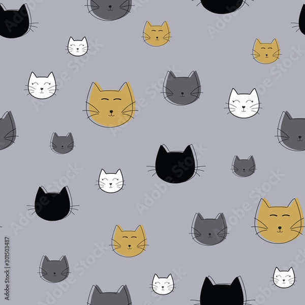Fototapeta Vector grey black and white cat face seamless pattern background. Perfect for fabric, scrapbooking, wallpaper, package design and wrapping paper.