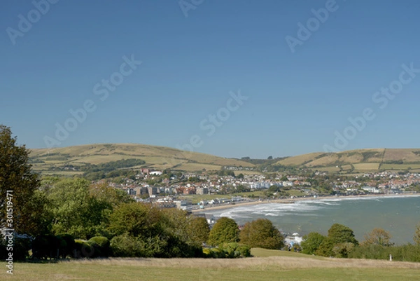 Fototapeta View over the beach and seafront at Swanage on the Dorset coast in Southern England
