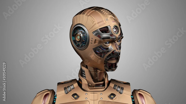 Fototapeta Portrait of a detailed futuristic robot or yellow humanoid cyborg looking rightward. Front view isolated on gray background. 3d render