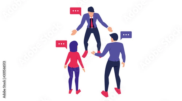 Fototapeta coworkers discuss issues. helping each other question and answer. flat communication character. vector