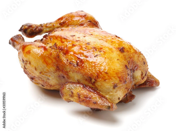 Obraz Whole roasted chicken against white background