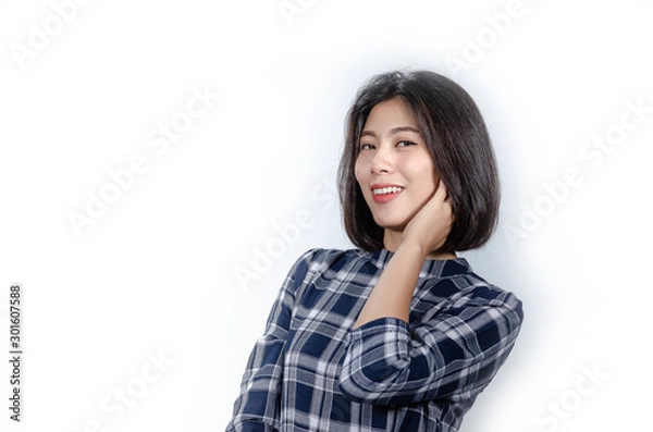 Obraz Beautiful smiling woman with clean skin, natural make-up, and white teeth on grey background