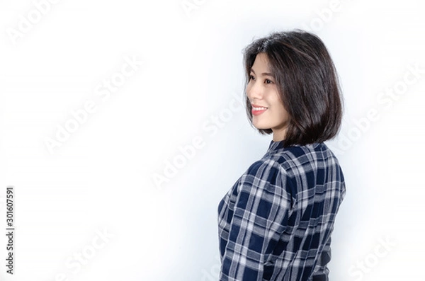 Obraz Beautiful smiling woman with clean skin, natural make-up, and white teeth on grey background