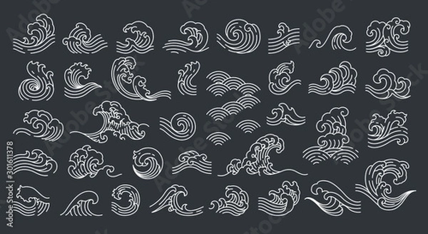 Fototapeta Set of oriental wave illustration. Japan wave. Linear style. - Vector.