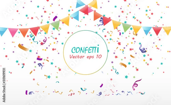 Fototapeta Lots of colorful tiny confetti and ribbons on transparent background. Festive event and party. Multicolor background.Colorful bright confetti isolated on transparent background