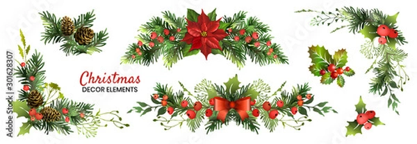 Fototapeta Świąteczne elementy wystroju ustawione dla swojego projektu. Zestaw fikcyjny wianek. Ilustracji wektorowych.