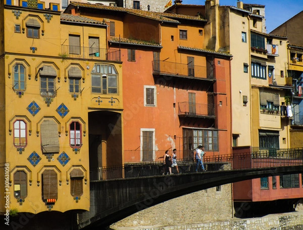 Obraz colorful houses and bridge in Girona, Spain