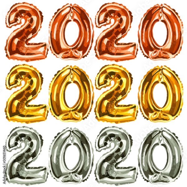 Obraz Vector illustration of gold, rose gold and silver shiny 2020 balloon set for New year card invitation