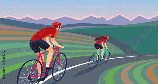 Fototapeta Pair of cyclists on the road near the hills banner.