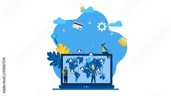 Obraz People interacting with big data. Data visualization concept with Tiny People Character Concept Vector Illustration, Suitable For web landing page,Wallpaper, Background, Card, banner,Book Illustration