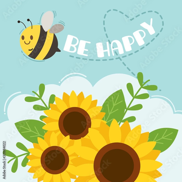 Obraz The character of cute bee flying on the sky with sunflower and text of bee happy. The shape of line look like heart. The cute bee look happy. The character of cute bee in flat vector style.
