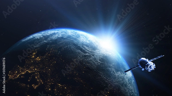 Fototapeta Earth planet sunrise with satellite viewed from space , 3d render of planet Earth, elements of this image provided by NASA