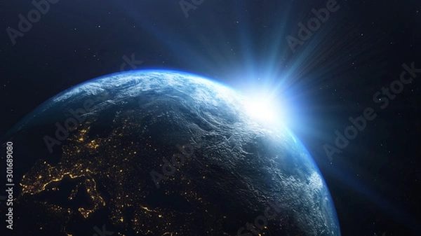 Fototapeta Earth planet with the sun viewed from space , 3d render of planet Earth, elements of this image provided by NASA