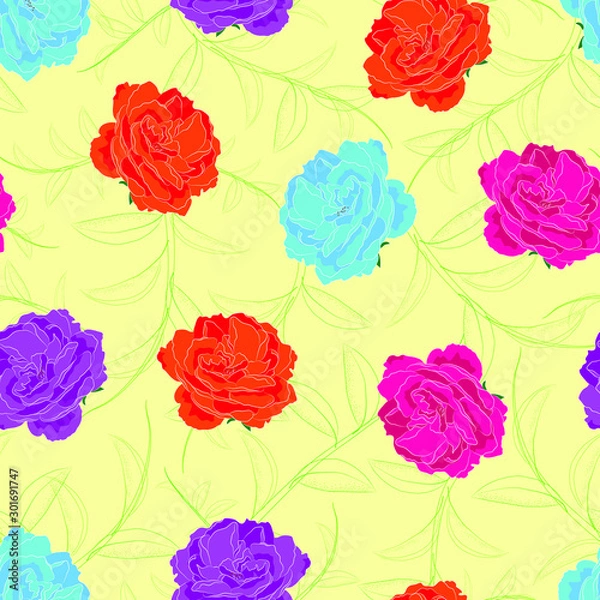Fototapeta vector illustration. lemon slice with leaves and plumeria flower on silhouette tree mint green background seamless repeat pattern. best for kitchen tile, wallpaper, packaging and tote bags.