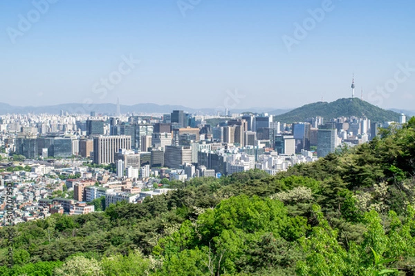 Fototapeta Aerial View of Downtown Seoul on a Clear Summer Evening - Seoul, South Korea