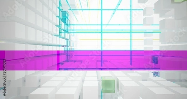 Fototapeta Abstract white and colored gradient glasses interior from an array of cubes with window. 3D illustration and rendering.