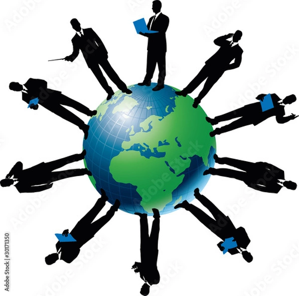 Fototapeta Vector Silhouette Of Business People And Globe