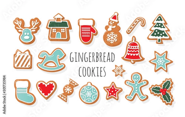 Fototapeta Christmas Gingerbread Cookies big set. Traditional decorative elements. Cute stickers for winter holidays design. Vector