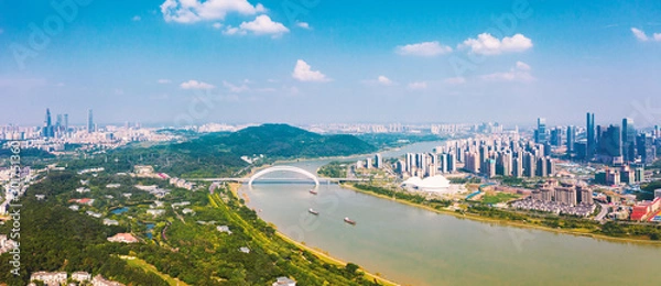 Fototapeta Aerial view of  Nanning city GuangXi province,china .Panoramic skyline and buildings beside Yongjiang river.