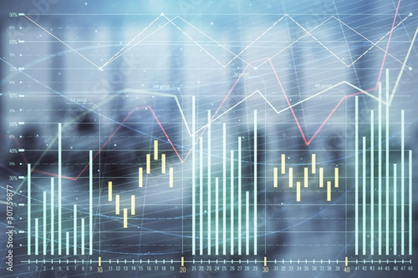 Fototapeta Stock and bond market graph with trading desk bank office interior on background. Multi exposure. Concept of financial analysis