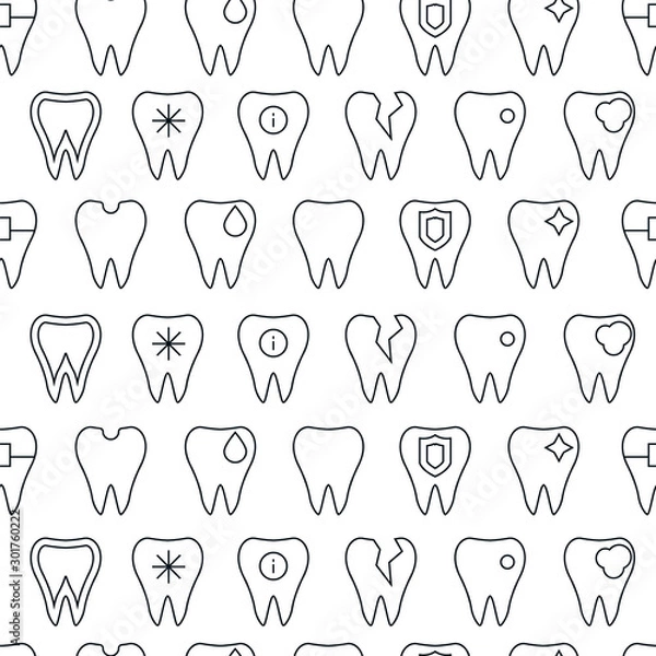 Fototapeta Seamless of tooth icons. Vector outline pattern of the dentist, clean, protect, treat, oral.