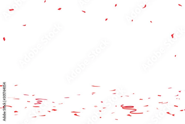 Fototapeta Confetti paper and red ribbon falling on the floor, sale event, celebrate holiday party vector background