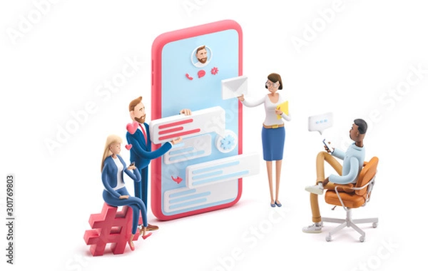 Obraz Application development and social media concept. 3d illustration.  Cartoon characters. Business teamwork concept on white background.