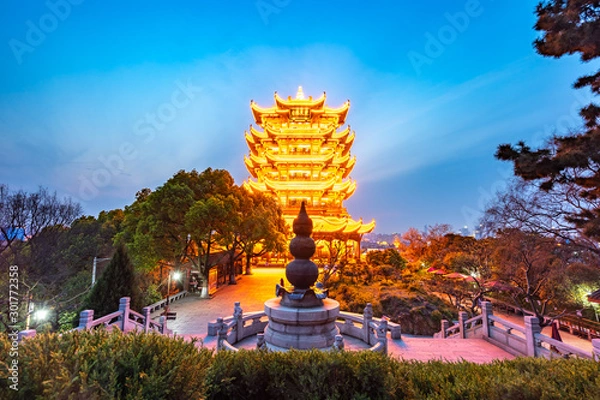 Fototapeta The yellow crane tower.Aerial view of  Wuhan city .Panoramic skyline and buildings beside yangtze river.