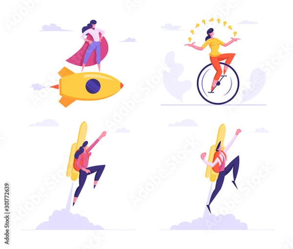 Fototapeta Set Female Super Employee with Arms Akimbo Flying on Golden Rocket and Riding Monocycle Juggling Light Bulbs. Business Success, Leadership, Professionalism Concept Cartoon Flat Vector Illustration