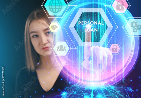 Fototapeta Business, Technology, Internet and network concept. Young businessman working on a virtual screen of the future and sees the inscription: Personal loan