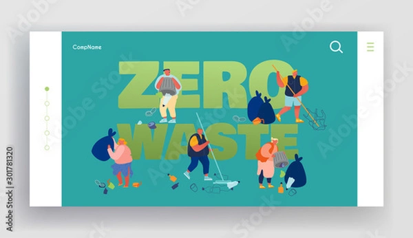 Fototapeta Pollution Recycling Ecology Zero Waste Website Landing Page. People Removing Trash, Cleaning Earth Surface with Rakes. Saving Planet, Environment Web Page Banner. Cartoon Flat Vector Illustration