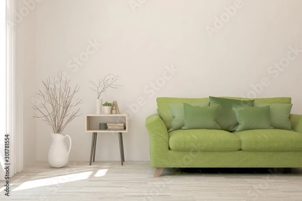 Fototapeta Stylish room in white color with sofa. Scandinavian interior design. 3D illustration